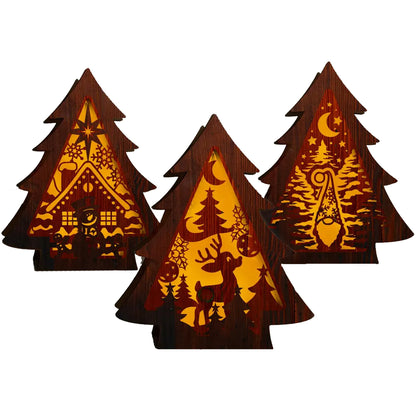 Set de 3 Case/Lampa Craciun 3D in Forma de Brad cu Figurine Om de Zapada, JOYSTOS, Elf si Cerb – Suport pentru Lumanari cu Baterie