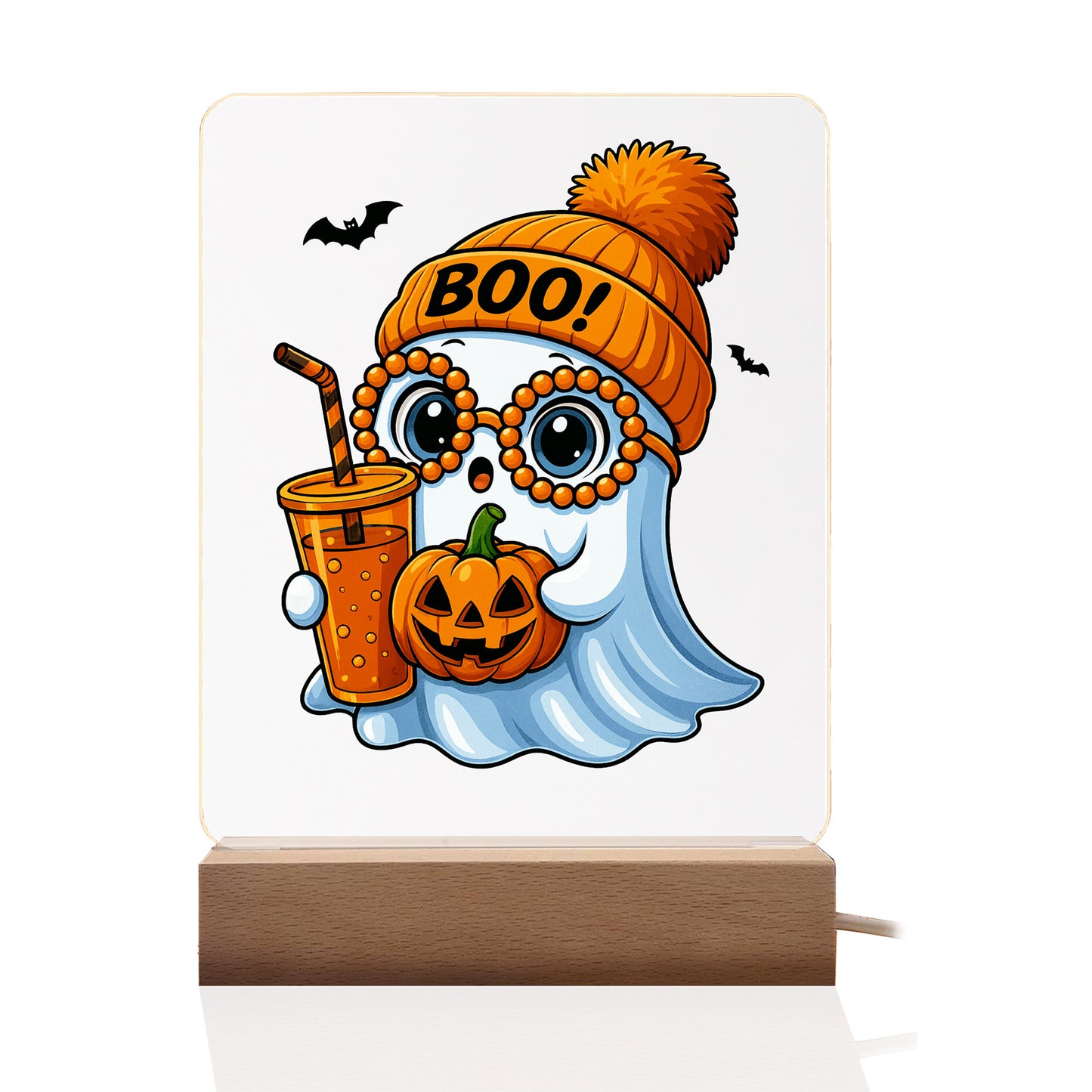 Lampa Acrilica Halloween Joystos – Fantoma Cu Ochelari si Dovleac, Lumina Alba Calda, Alimentare USB