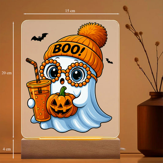 Lampa Acrilica Halloween Joystos – Fantoma Cu Ochelari si Dovleac, Lumina Alba Calda, Alimentare USB