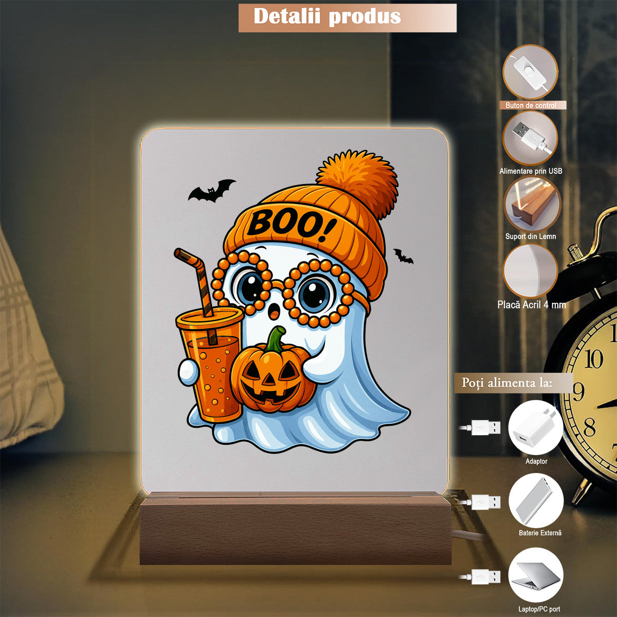 Lampa Acrilica Halloween Joystos – Fantoma Cu Ochelari si Dovleac, Lumina Alba Calda, Alimentare USB