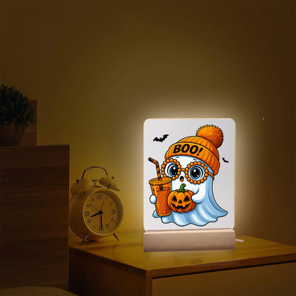Lampa Acrilica Halloween Joystos – Fantoma Cu Ochelari si Dovleac, Lumina Alba Calda, Alimentare USB