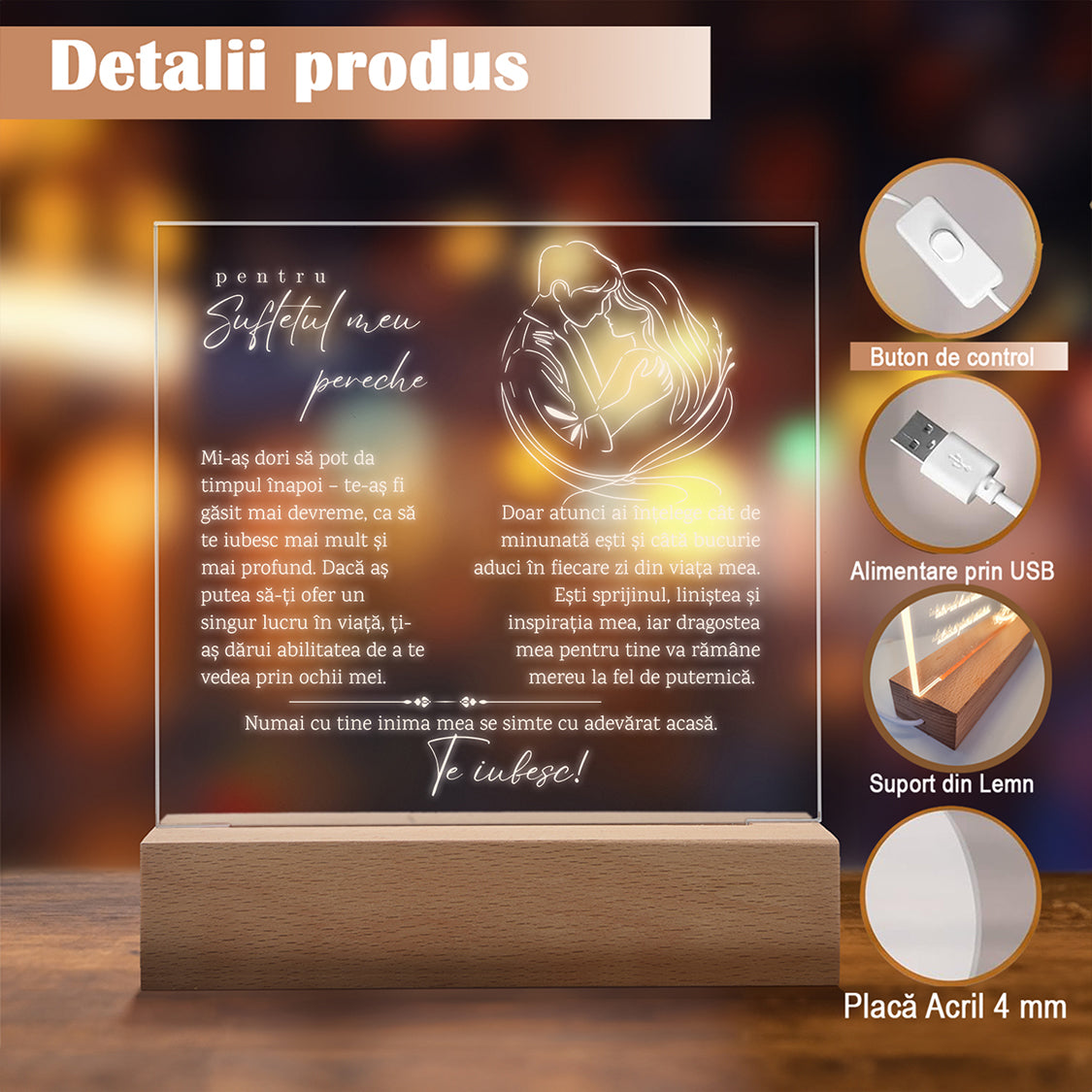 Cadou Pentru Iubit/Iubita, Lampa Decorativa, Placa Acril cu Baza din Lemn si Banda Led Lumina Calda, Cu Mesajul ”Pentru Sufletul Meu Pereche. Te Iubesc”