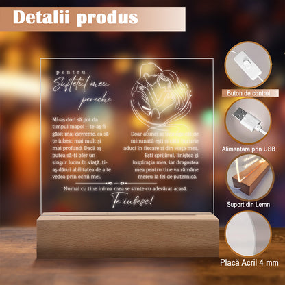 Cadou Pentru Iubit/Iubita, Lampa Decorativa, Placa Acril cu Baza din Lemn si Banda Led Lumina Calda, Cu Mesajul ”Pentru Sufletul Meu Pereche. Te Iubesc”