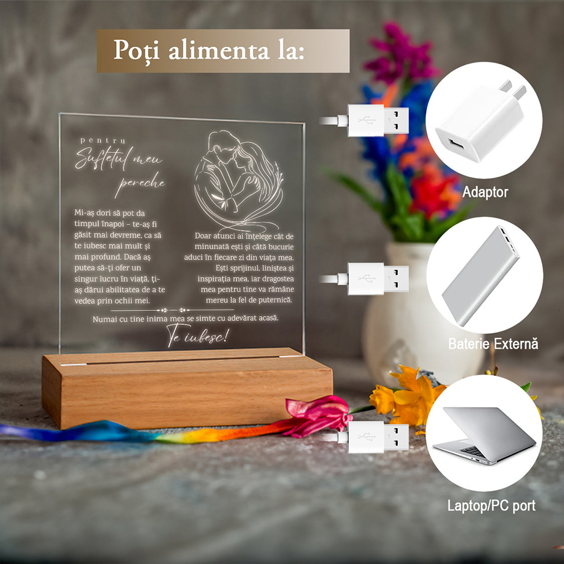 Cadou Pentru Iubit/Iubita, Lampa Decorativa, Placa Acril cu Baza din Lemn si Banda Led Lumina Calda, Cu Mesajul ”Pentru Sufletul Meu Pereche. Te Iubesc”