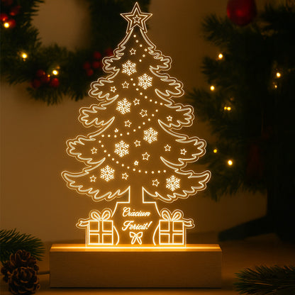 Lampa Decorativa De Craciun Joystos, Brad Din Acril Transparent 4mm Cu Baza Din Lemn, Lumina Calda Uniforma, Ornament Festiv Cu Mesaj Craciun Fericit