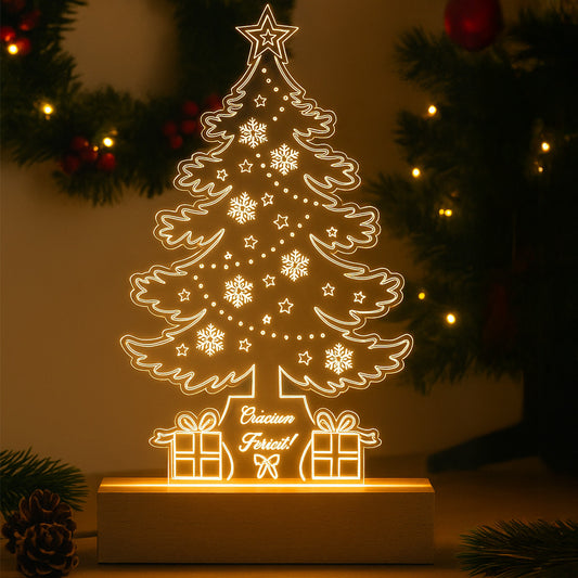 Lampa Decorativa De Craciun Joystos, Brad Din Acril Transparent 4mm Cu Baza Din Lemn, Lumina Calda Uniforma, Ornament Festiv Cu Mesaj Craciun Fericit