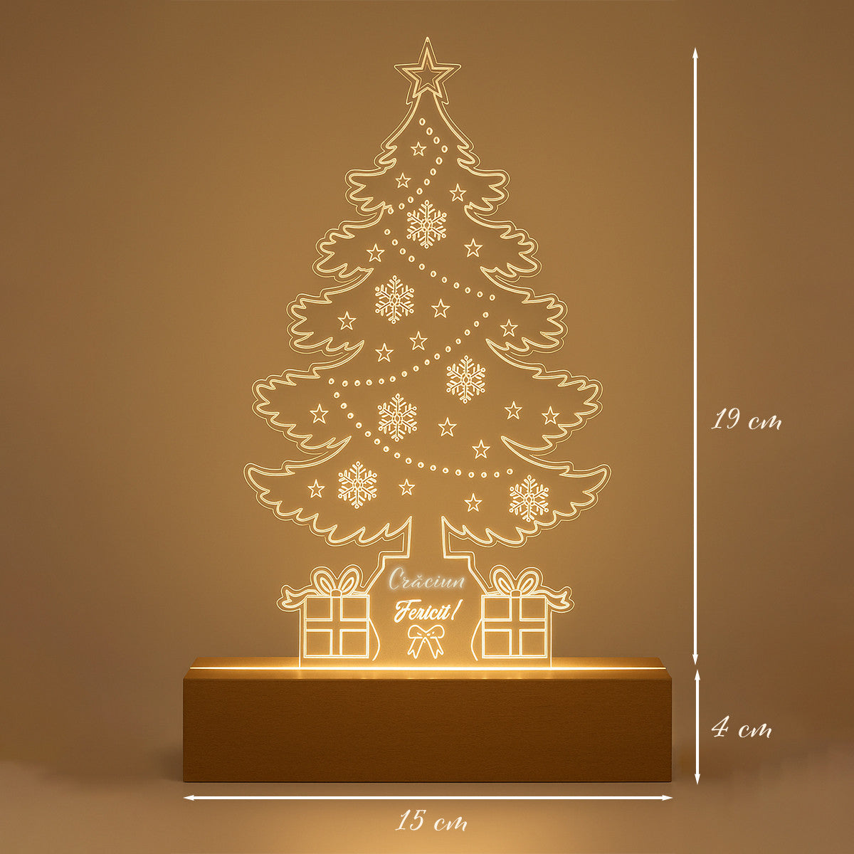 Lampa Decorativa De Craciun Joystos, Brad Din Acril Transparent 4mm Cu Baza Din Lemn, Lumina Calda Uniforma, Ornament Festiv Cu Mesaj Craciun Fericit