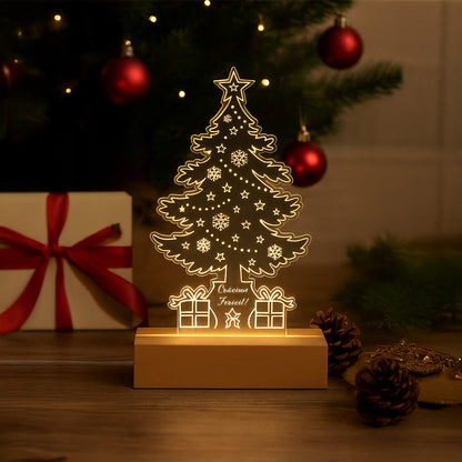 Lampa Decorativa De Craciun Joystos, Brad Din Acril Transparent 4mm Cu Baza Din Lemn, Lumina Calda Uniforma, Ornament Festiv Cu Mesaj Craciun Fericit