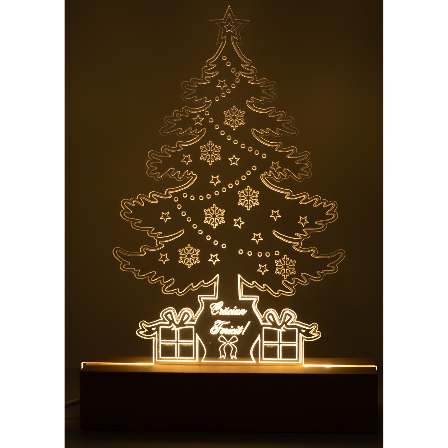 Lampa Decorativa De Craciun Joystos, Brad Din Acril Transparent 4mm Cu Baza Din Lemn, Lumina Calda Uniforma, Ornament Festiv Cu Mesaj Craciun Fericit