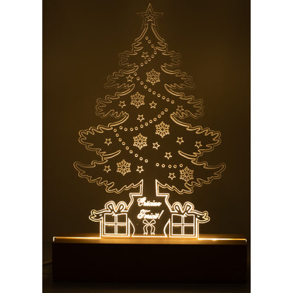 Lampa Decorativa De Craciun Joystos, Brad Din Acril Transparent 4mm Cu Baza Din Lemn, Lumina Calda Uniforma, Ornament Festiv Cu Mesaj Craciun Fericit