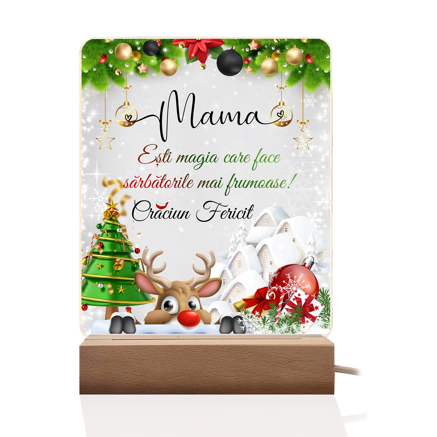 Lampa personalizată pentru Mama, JOYSTOS, Crăciun, iluminare LED caldă, 20x15cm, bază din lemn