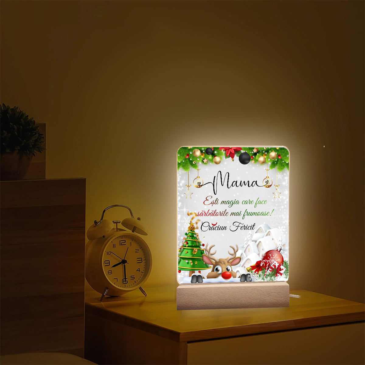 Lampa personalizată pentru Mama, JOYSTOS, Crăciun, iluminare LED caldă, 20x15cm, bază din lemn