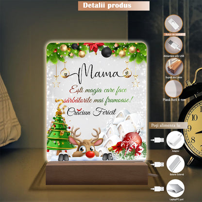 Lampa personalizată pentru Mama, JOYSTOS, Crăciun, iluminare LED caldă, 20x15cm, bază din lemn