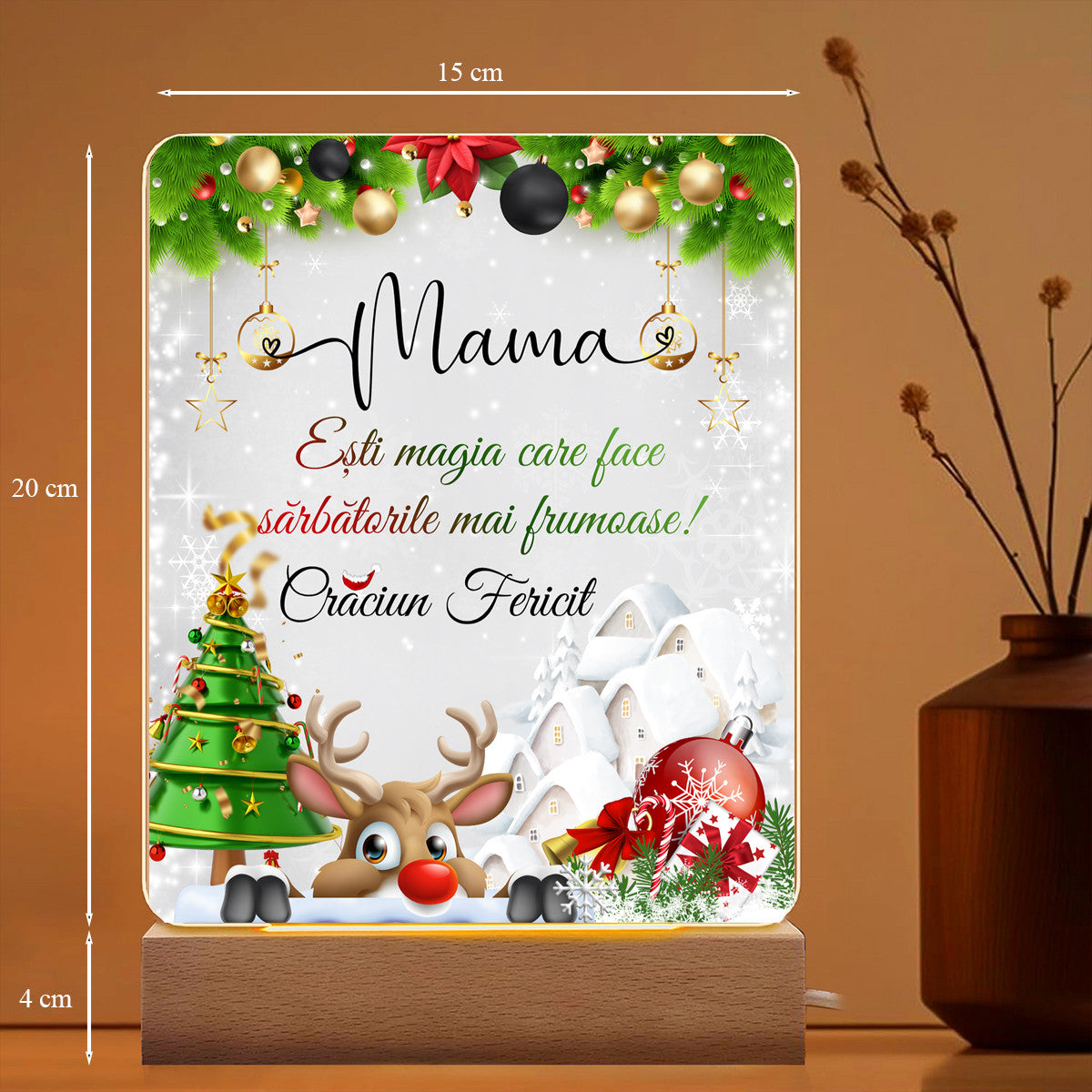 Lampa personalizată pentru Mama, JOYSTOS, Crăciun, iluminare LED caldă, 20x15cm, bază din lemn