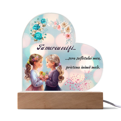 Lampa Decorativa cu Baza din Lemn si Inima de Acril Personalizata cu Mesaj `Tu esti, sora sufletului meu, prietena inimii mele`– Cadou Special pentru Sora