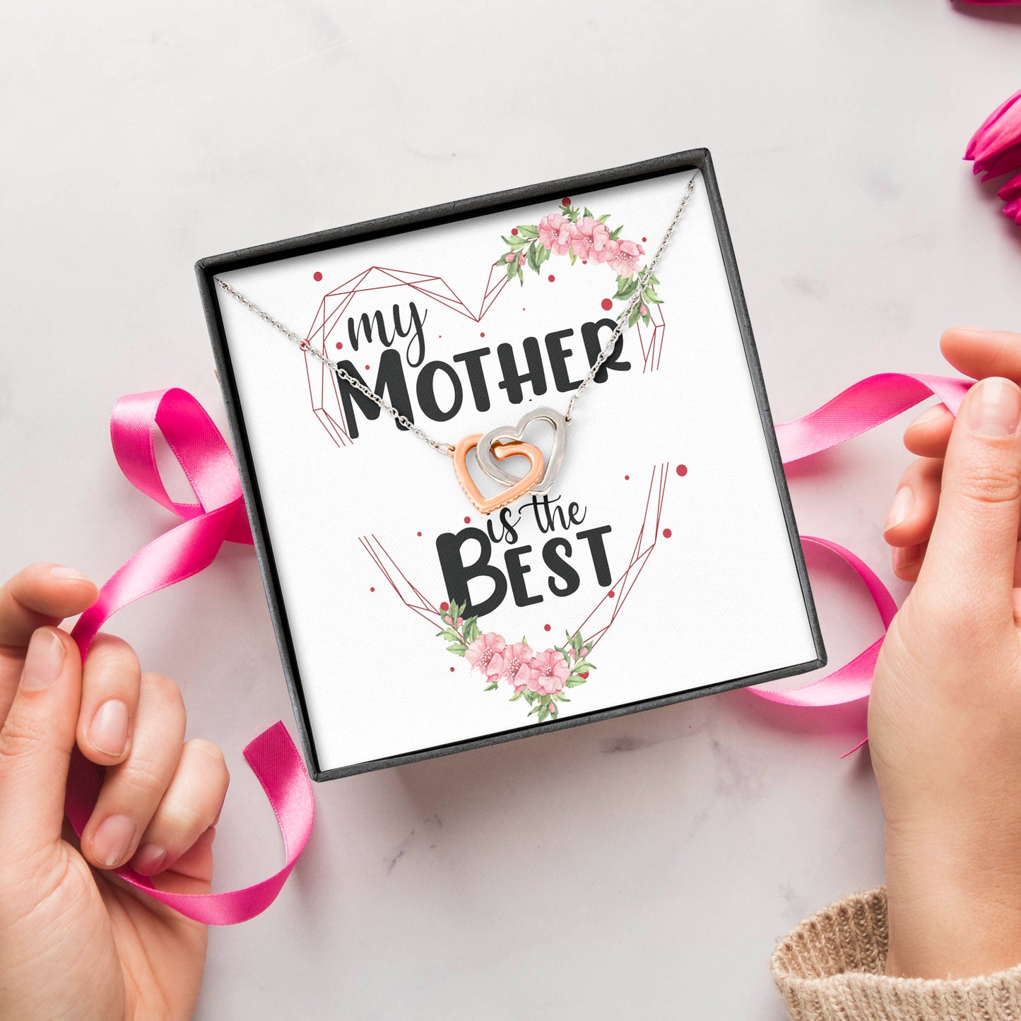 Colier Cu Pandant Nod Placat Cu Aur Alb si Aur Rose, Cadou Pentru Mama, Card Personalizat "My mother is the best"