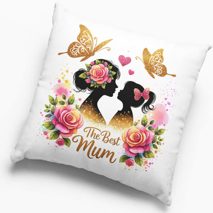 Perna Decorativa, 40 x 40 cm, Printata Cu Mesaj Pentru Mama "The Best Mom", Design cu Flori si Fluturi