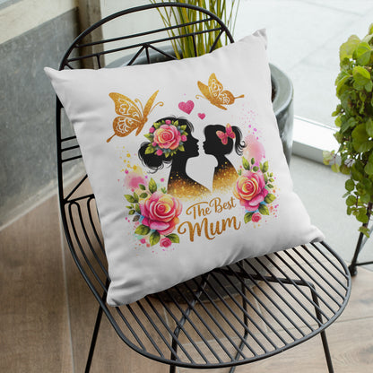 Perna Decorativa, 40 x 40 cm, Printata Cu Mesaj Pentru Mama "The Best Mom", Design cu Flori si Fluturi