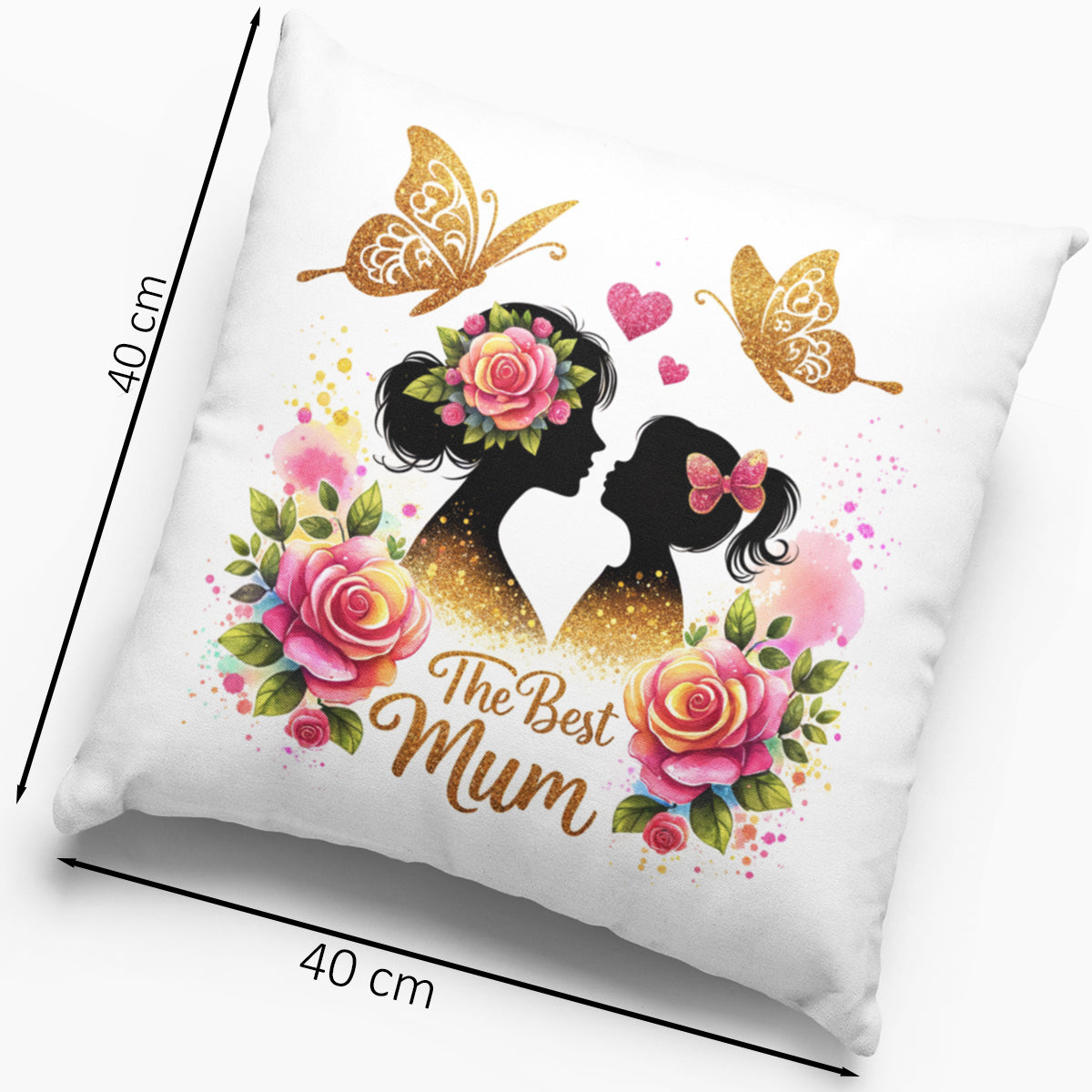 Perna Decorativa, 40 x 40 cm, Printata Cu Mesaj Pentru Mama "The Best Mom", Design cu Flori si Fluturi