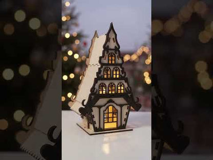 Căsuță decorativă de Crăciun din placaj stratificat, pentru iluminare ambientală, 22 cm