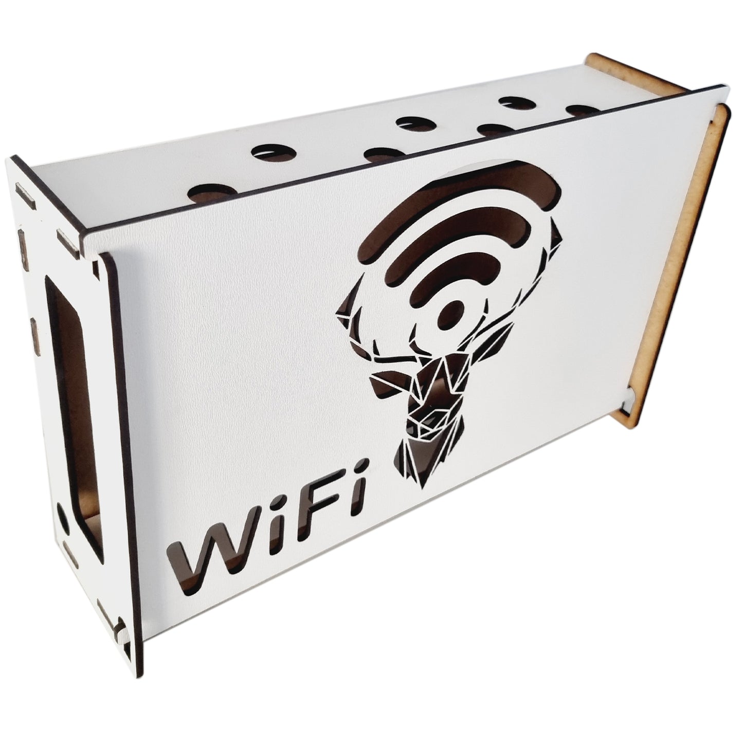 Suport Router Wireless, JOYSTOS, Pentru Mascare Fire si Echipamente WI-FI, 38x22x9 cm, Alb si Gold, Design ”Home of Fats WiFi”