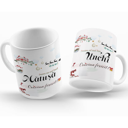 Set Cadou Pentru Matusa-Unchi, 2 Cani Ceramica, Albe, 330 ml, Cu Mesaj ”Craciun Fericit Matusa, Craciun Fericit Unchiu”