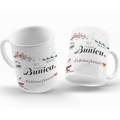 Set Cadou Pentru Bunici, 2 Cani Ceramica, Albe, 330 ml, Cu Mesaj ”Craciun Fericit Bunica, Craciun Fericit Bunicu”