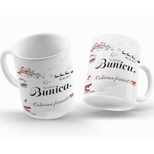 Set Cadou Pentru Bunici, 2 Cani Ceramica, Albe, 330 ml, Cu Mesaj ”Craciun Fericit Bunica, Craciun Fericit Bunicu”