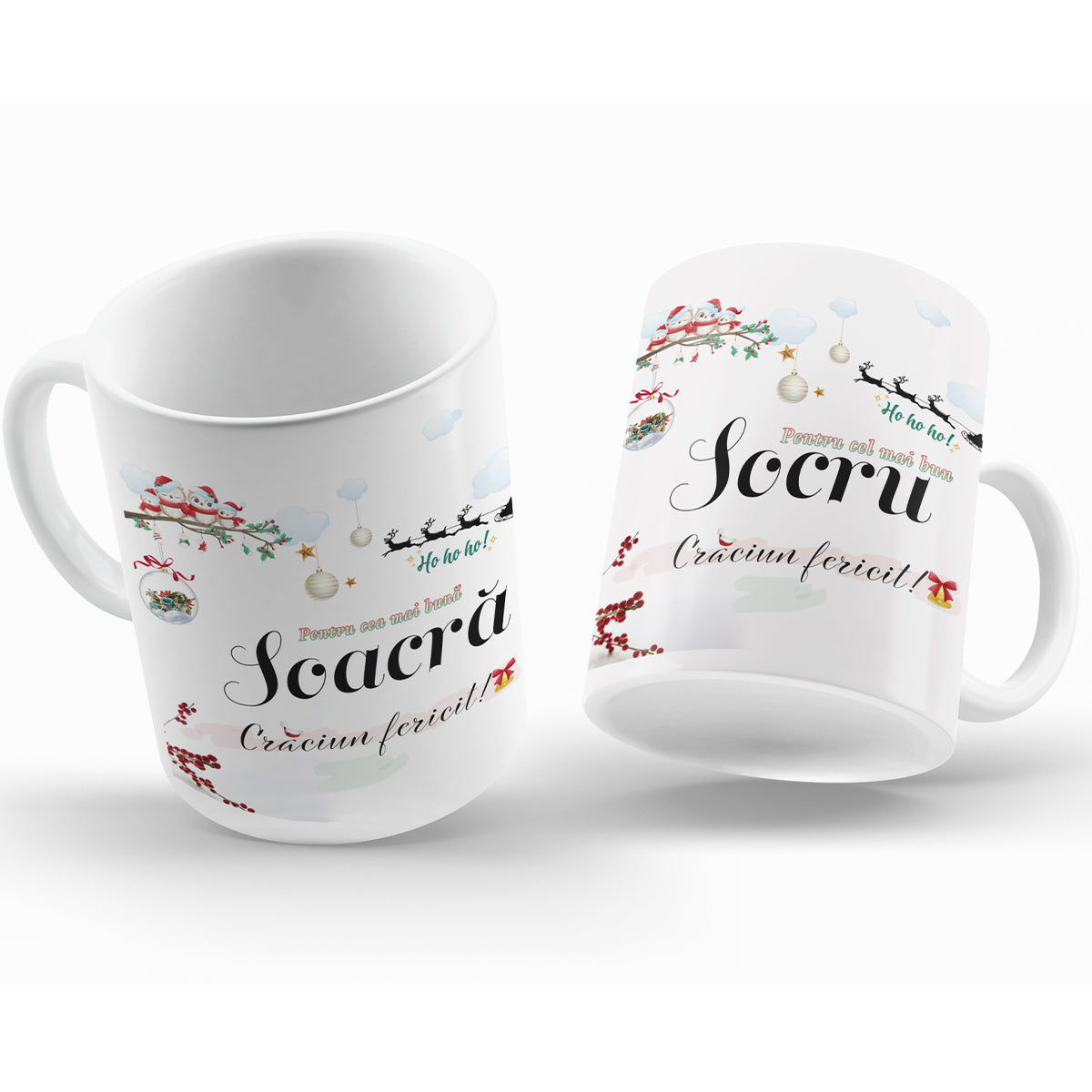 Set Cadou Pentru Soacra-Socru, 2 Cani Ceramica, Albe, 330 ml, Cu Mesaj ”Craciun Fericit Soacra, Craciun Fericit Socru"