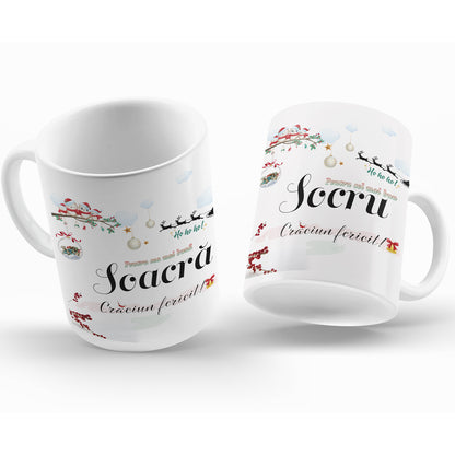 Set Cadou Pentru Soacra-Socru, 2 Cani Ceramica, Albe, 330 ml, Cu Mesaj ”Craciun Fericit Soacra, Craciun Fericit Socru"