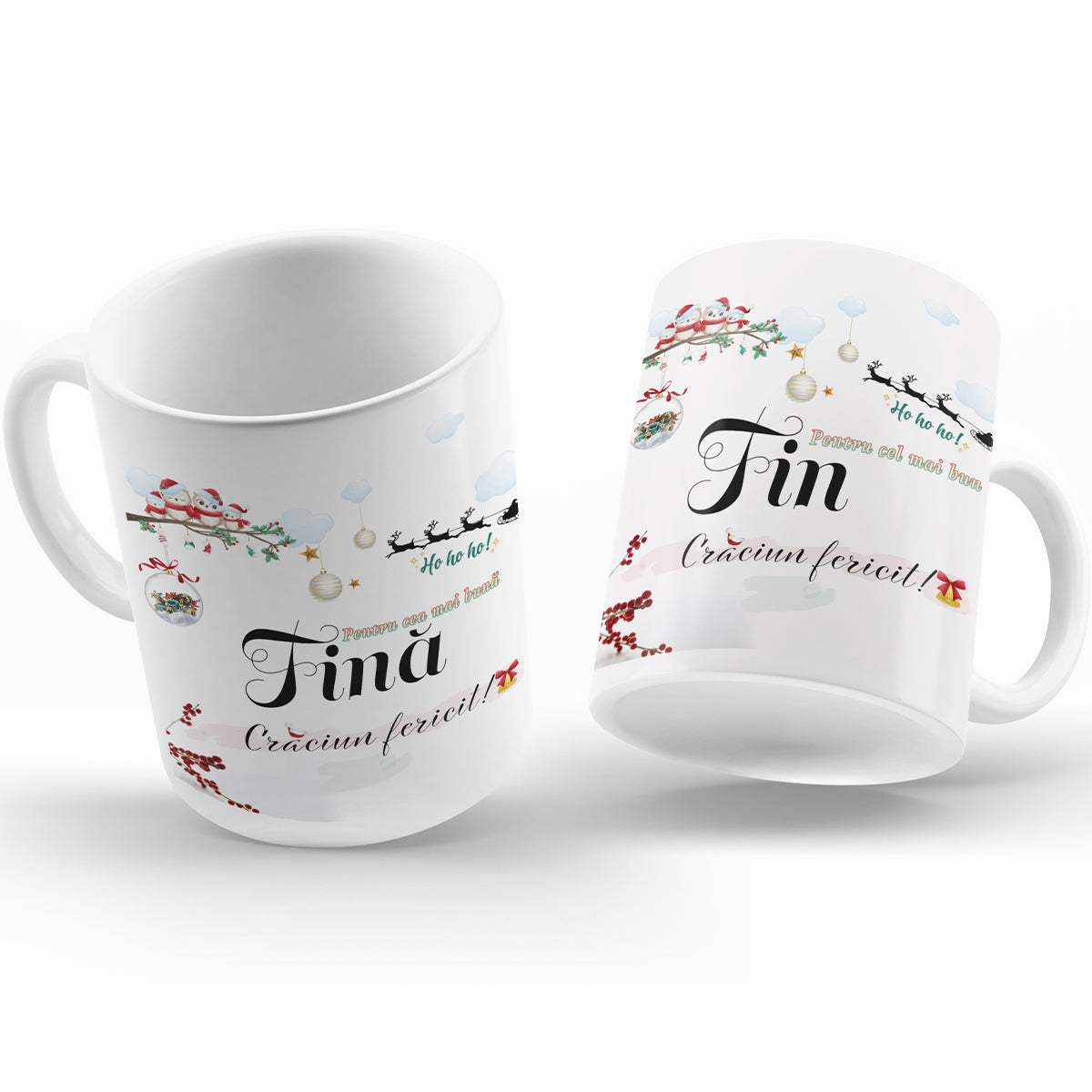 Set Cadou Pentru Fini, 2 Cani Ceramica, Albe, 330 ml, Cu Mesaj ”Craciun Fericit Fina, Craciun Fericit Finu”