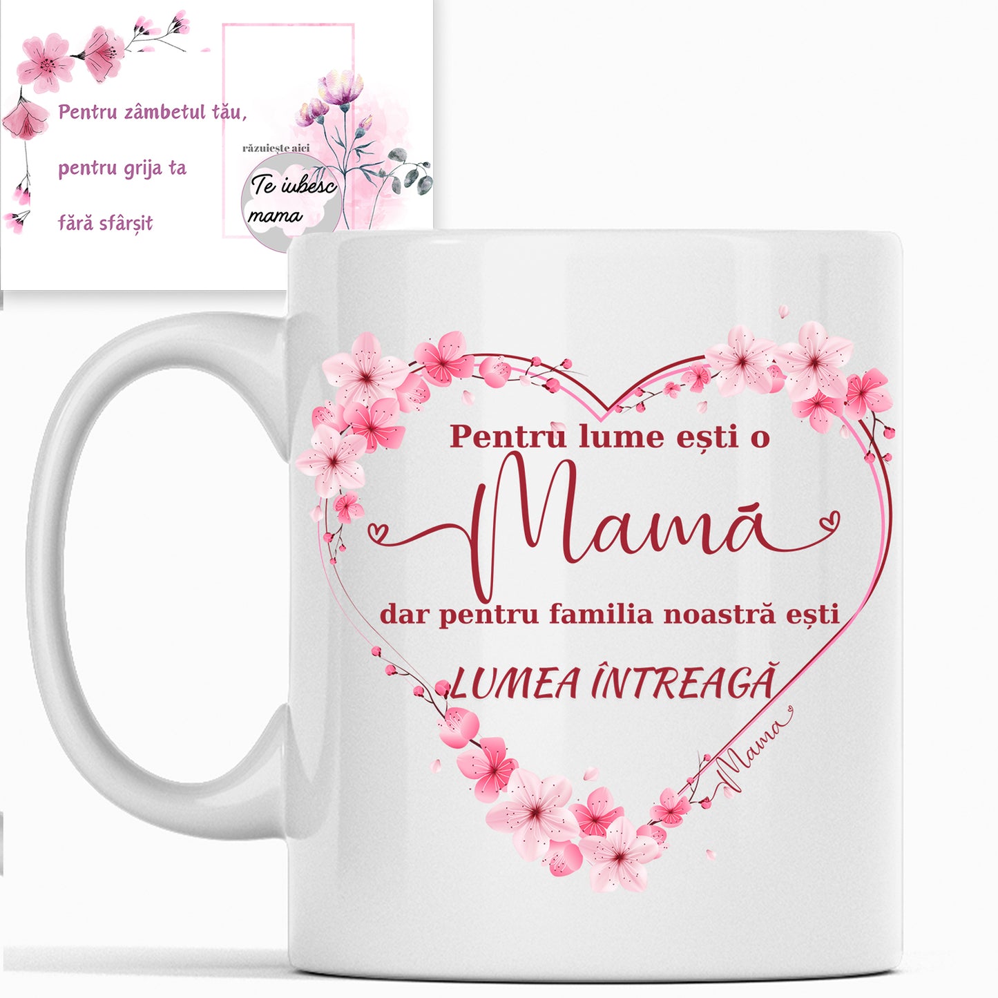 Cadou Pentru Mama, Cana Ceramica, Alba, 330 ml, cu mesaj "Pentru lume esti o mama, dar pentru familia noastra esti lumea intreaga", si Card Razuibil pentru Mama