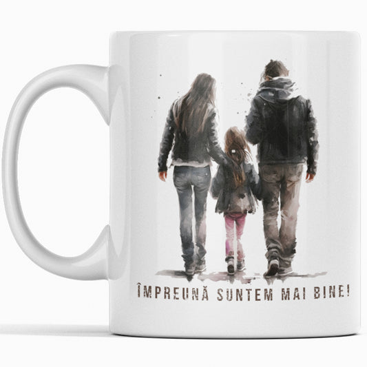 Cana Ceramica, Joystos, Alba, 330 ml, Cu Design de Familie si Mesaj ”Impreuna Suntem mai Bine”