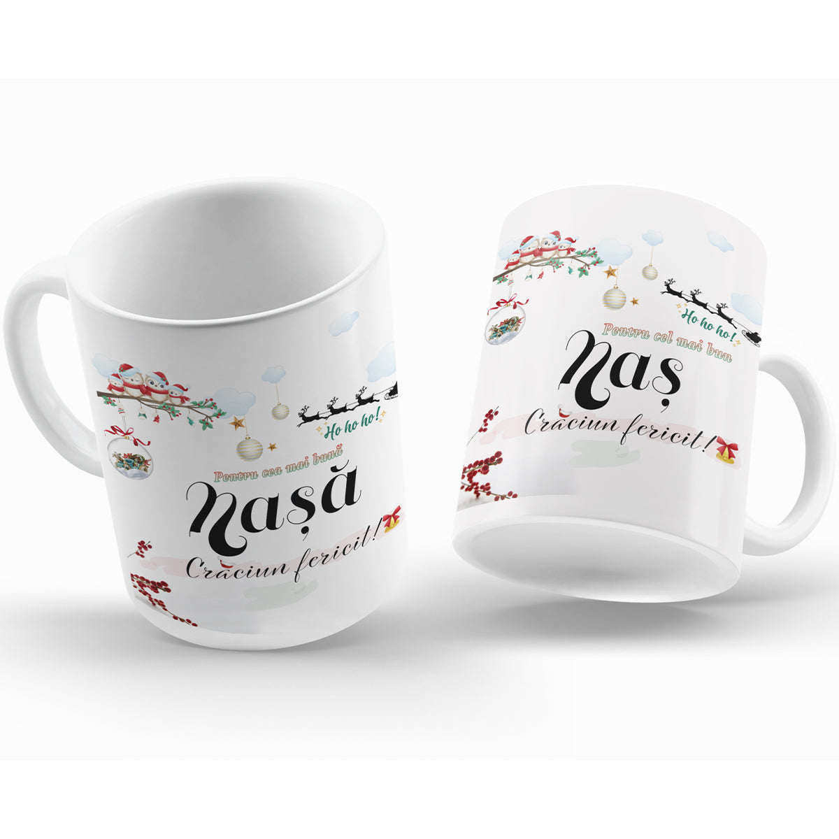 Set Cadou Pentru Nasi, 2 Cani Ceramica, Albe, 330 ml, Cu Mesaj ”Craciun Fericit Nasa, Craciun Fericit Nasu”