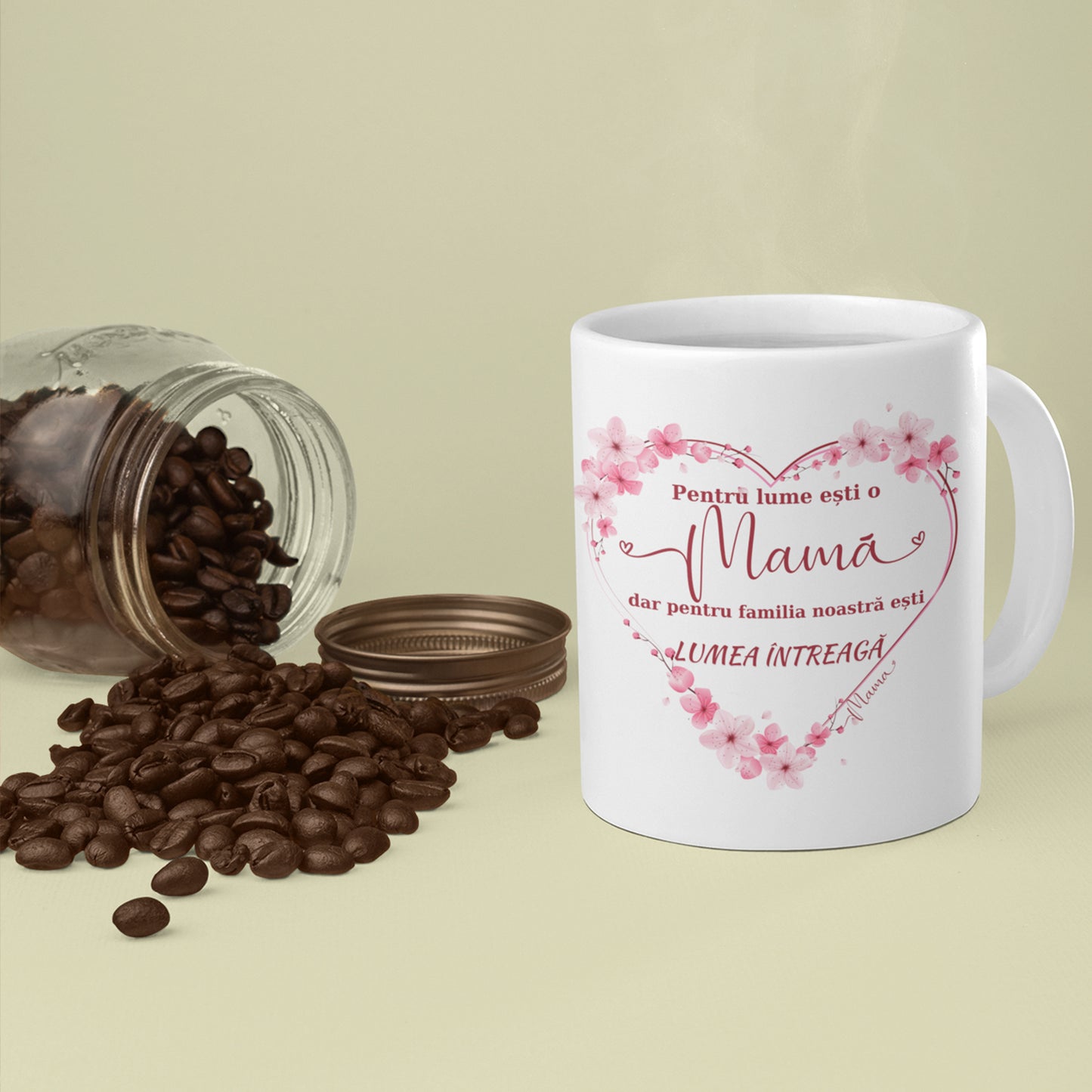 Cadou Pentru Mama, Cana Ceramica, Alba, 330 ml, cu mesaj "Pentru lume esti o mama, dar pentru familia noastra esti lumea intreaga", si Card Razuibil pentru Mama