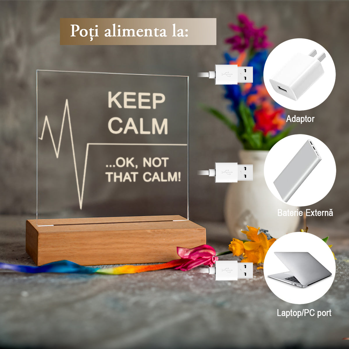 Lampa Decorativa, Joystos, Baza din Lemn cu Led, Acril de 4 mm Gravat, cu design Gravat cu Mesajul ”Keep calm. ...ok not that calm”