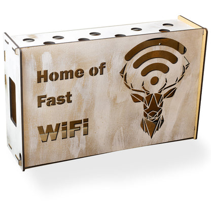 Suport Router Wireless, JOYSTOS, Pentru Mascare Fire si Echipamente WI-FI, 38x22x9 cm, Alb si Gold, Design ”Home of Fats WiFi”