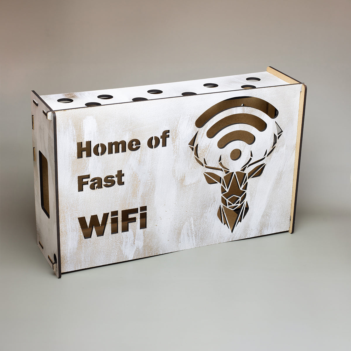 Suport Router Wireless, JOYSTOS, Pentru Mascare Fire si Echipamente WI-FI, 38x22x9 cm, Alb si Gold, Design ”Home of Fats WiFi”