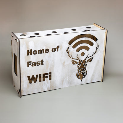 Suport Router Wireless, JOYSTOS, Pentru Mascare Fire si Echipamente WI-FI, 38x22x9 cm, Alb si Gold, Design ”Home of Fats WiFi”