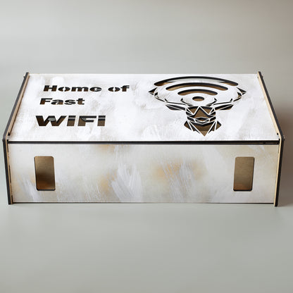 Suport Router Wireless, JOYSTOS, Pentru Mascare Fire si Echipamente WI-FI, 38x22x9 cm, Alb si Gold, Design ”Home of Fats WiFi”