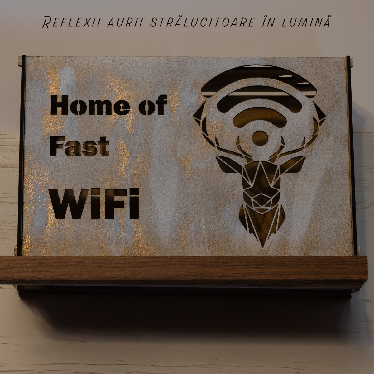 Suport Router Wireless, JOYSTOS, Pentru Mascare Fire si Echipamente WI-FI, 38x22x9 cm, Alb si Gold, Design ”Home of Fats WiFi”