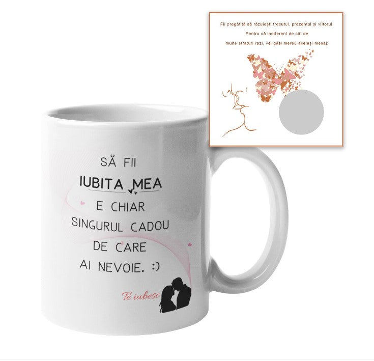 Cadou Pentru Cuplu, Cana Alba 330 ml, Cu Mesaj Pentru Iubit/Iubita Si Card Foto Razuibil Cadou