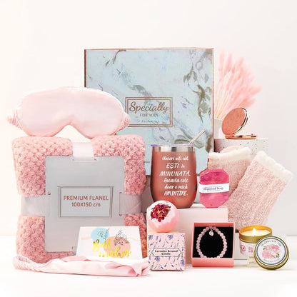 Set Cadou pentru Femei 10 Piese, Joystos, Patura pufoasa, Cana Termos, Lumanare parfumata, Masca Somn, Sosete dama, Bratara, Bomba de Baie, Sapun Diamond, Felicitare, Ambalate in pachet elegant