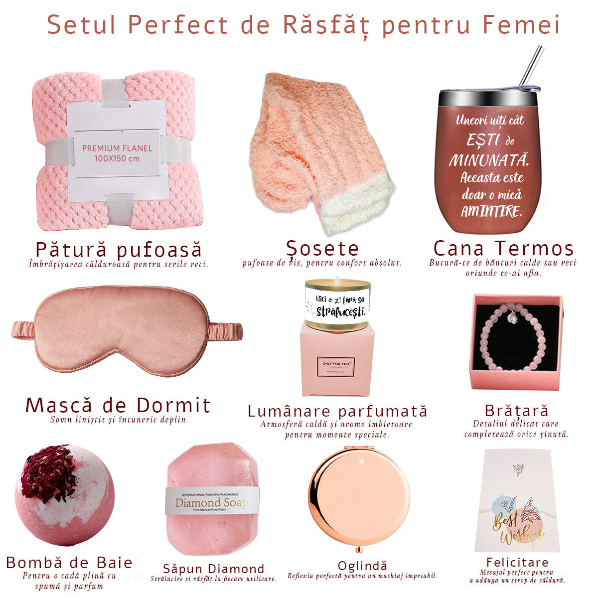 Set Cadou pentru Femei 10 Piese, Joystos, Patura pufoasa, Cana Termos, Lumanare parfumata, Masca Somn, Sosete dama, Bratara, Bomba de Baie, Sapun Diamond, Felicitare, Ambalate in pachet elegant