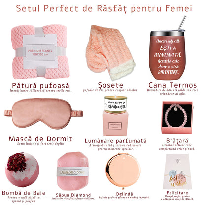 Set Cadou pentru Femei 10 Piese, Joystos, Patura pufoasa, Cana Termos, Lumanare parfumata, Masca Somn, Sosete dama, Bratara, Bomba de Baie, Sapun Diamond, Felicitare, Ambalate in pachet elegant