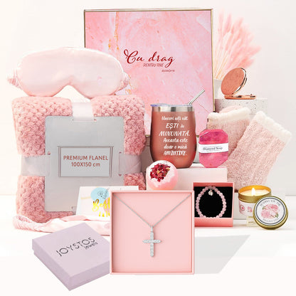 Set Cadou pentru Femei 10 Piese, Joystos, Patura pufoasa, Cana Termos, Lumanare parfumata, Masca Somn, Sosete dama, Bratara, Bomba de Baie, Sapun Diamond, Felicitare, Ambalate in pachet elegant