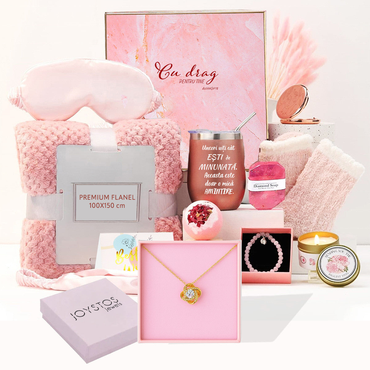 Set Cadou pentru Femei 10 Piese, Joystos, Patura pufoasa, Cana Termos, Lumanare parfumata, Masca Somn, Sosete dama, Bratara, Bomba de Baie, Sapun Diamond, Felicitare, Ambalate in pachet elegant