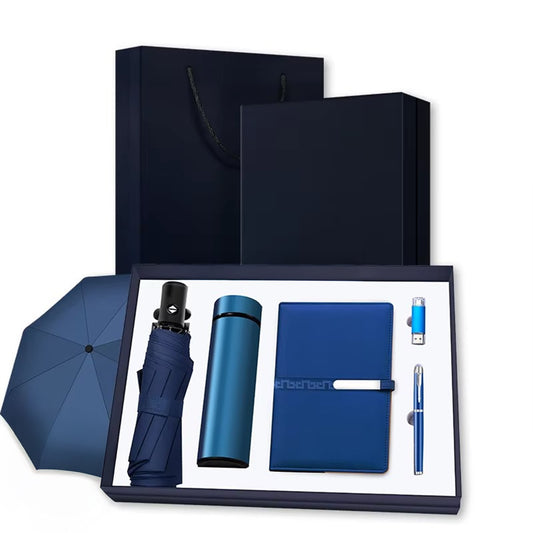 Set Cadou pentru Barbati, JOYSTOS, Umbrela, Termos inox 450ml, Stick USB 32GB, Agenda, Albastru