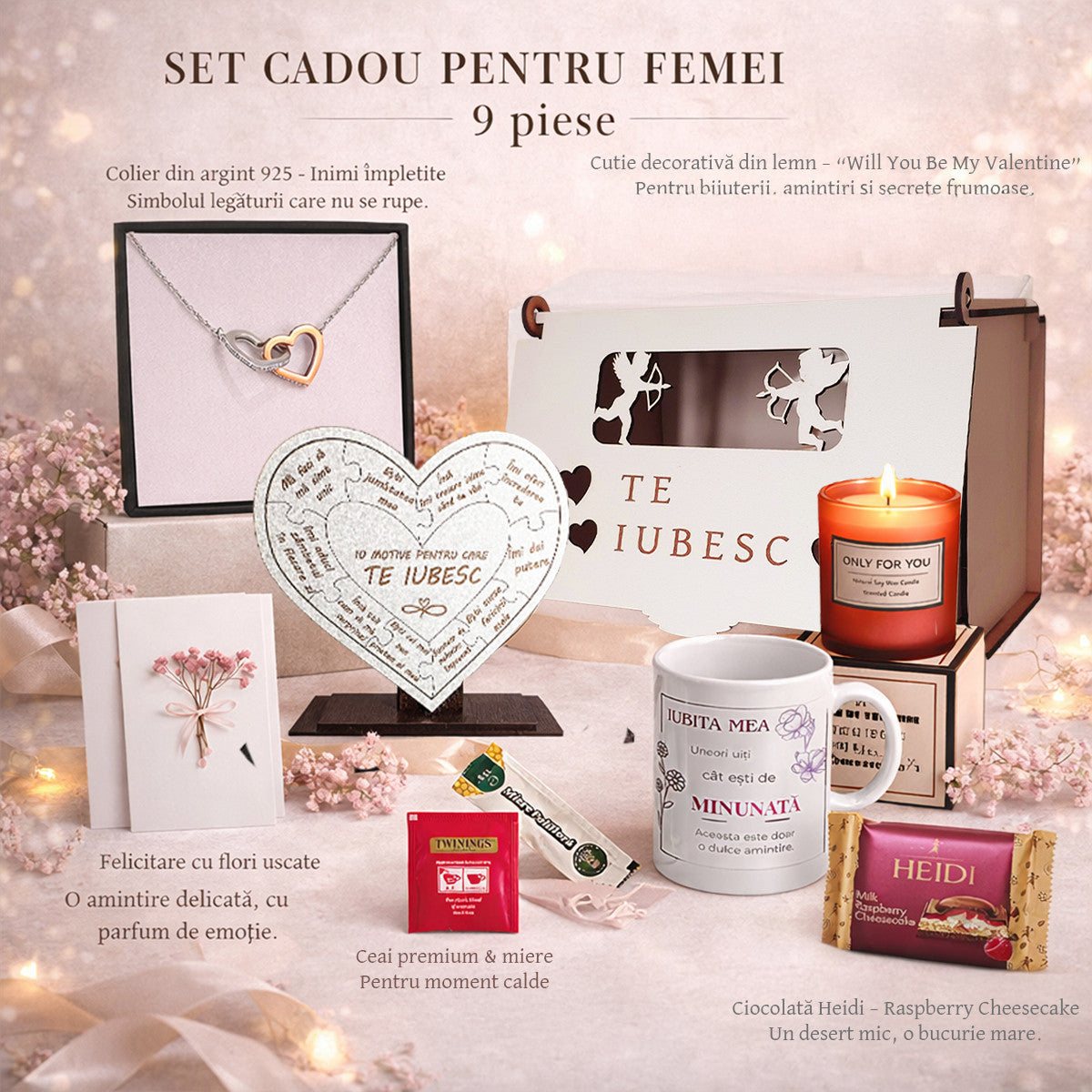 Set Cadou Premium 9 Piese JOYSTOS – Colier Argint Inimi Legate