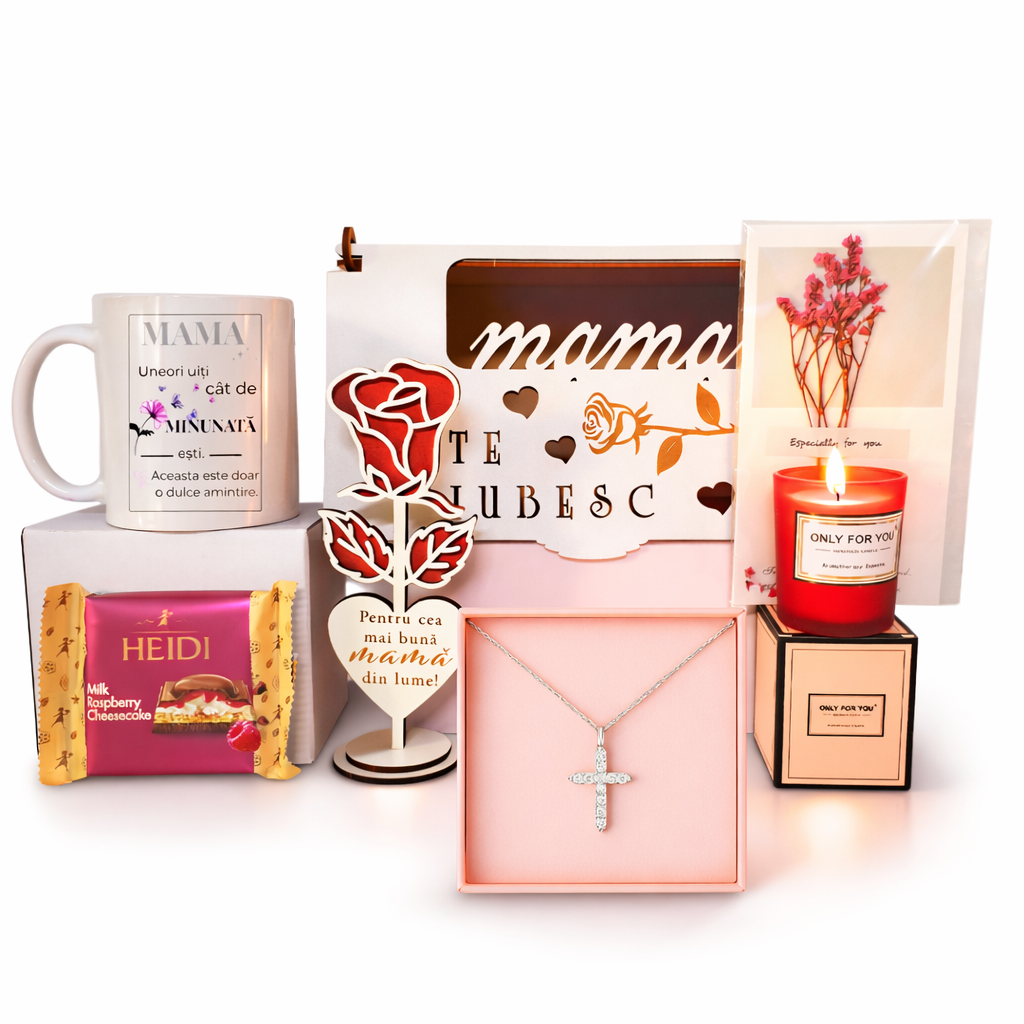 Set Cadou Mama JOYSTOS – Colier Argint 925 Cruciulita, Cutie Lemn „Te Iubesc”, Cana cu mesaj Mama, Lumanare Parfumata, Ciocolata – Cadou Emotional pentru Mama